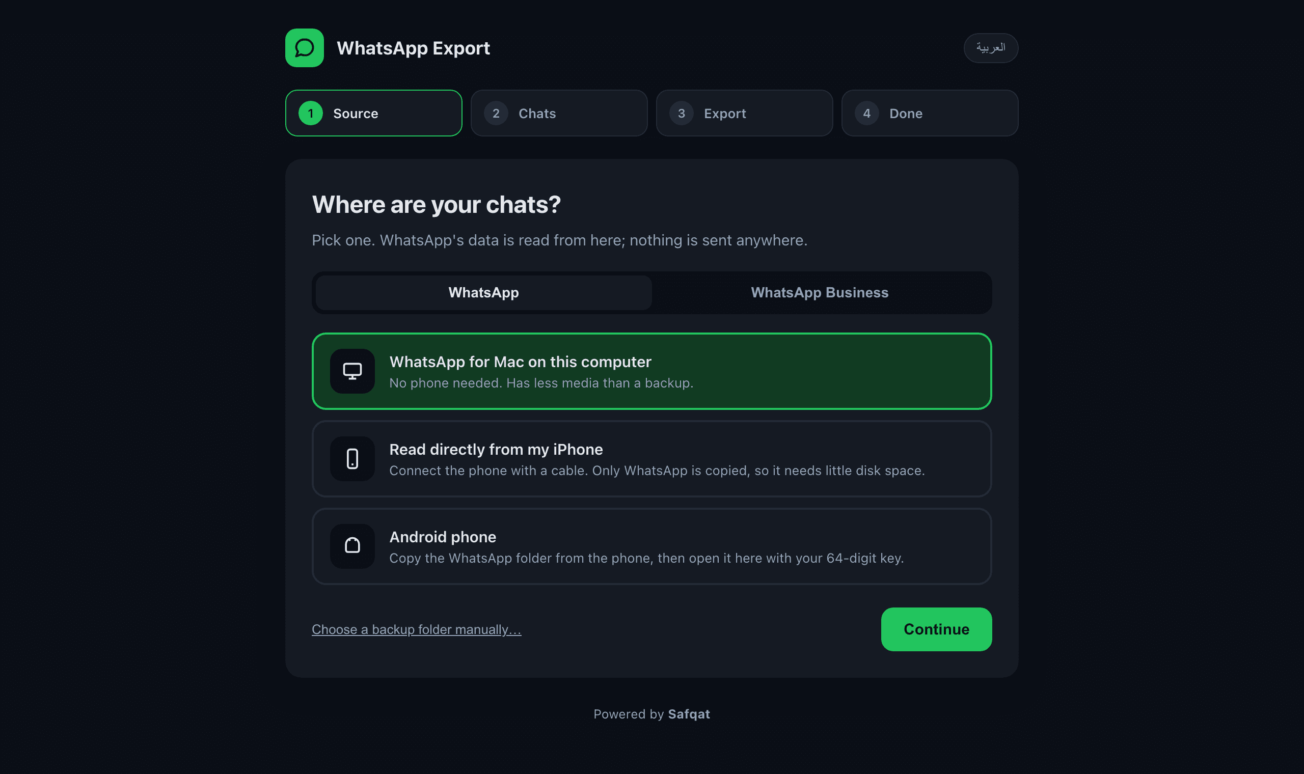 Four steps: pick where your chats are, choose chats, export, done.
