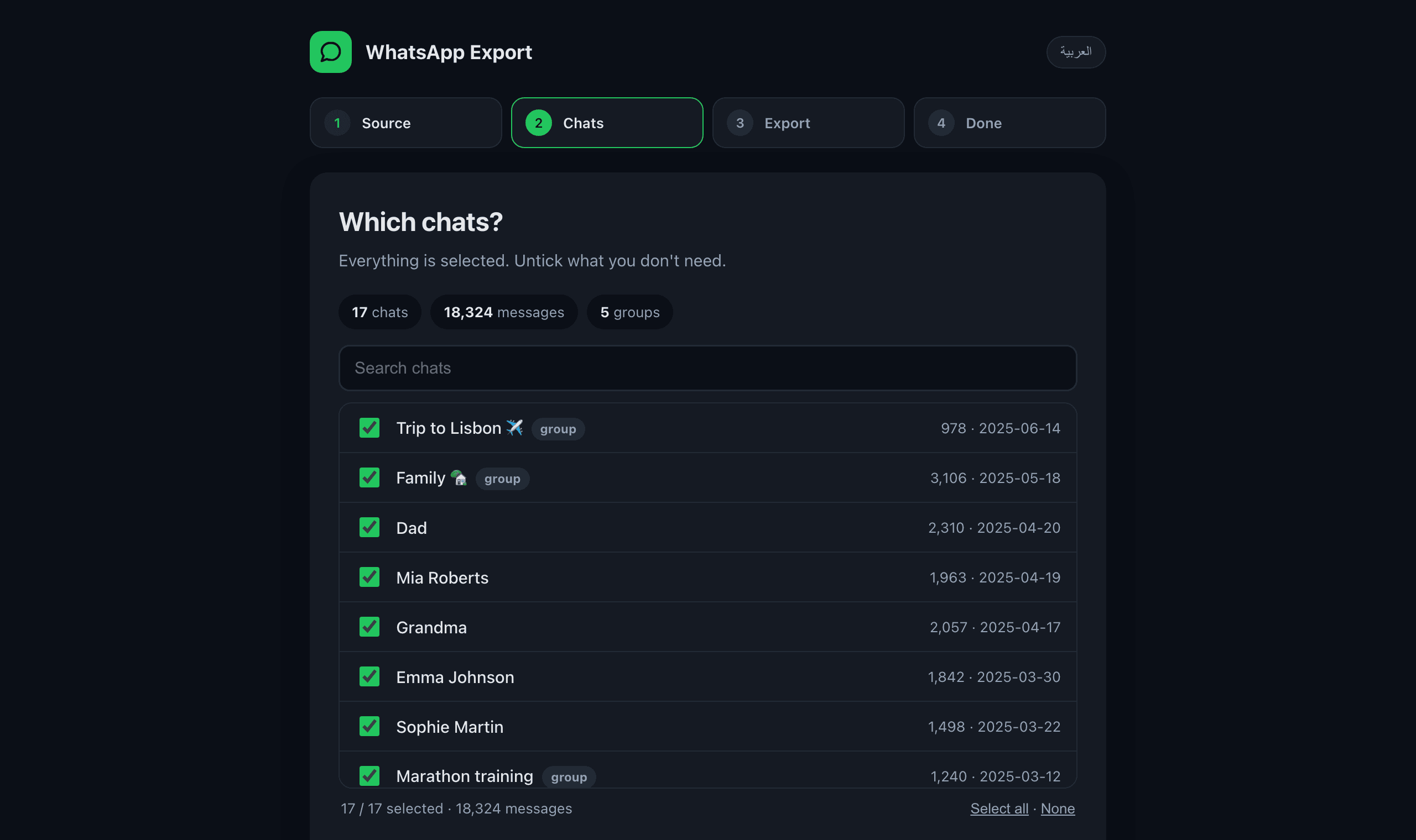 WhatsApp Export, step 2: the list of chats found in the backup with message counts, search and tick boxes