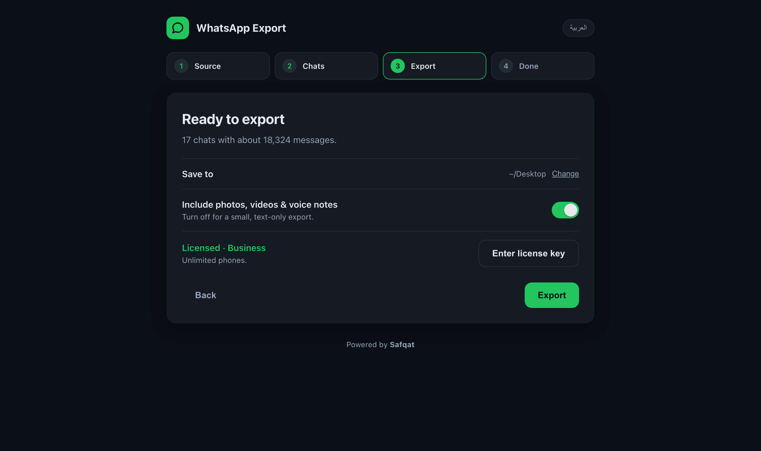 WhatsApp Export, step 3: export settings with the save folder, the media switch and the license status